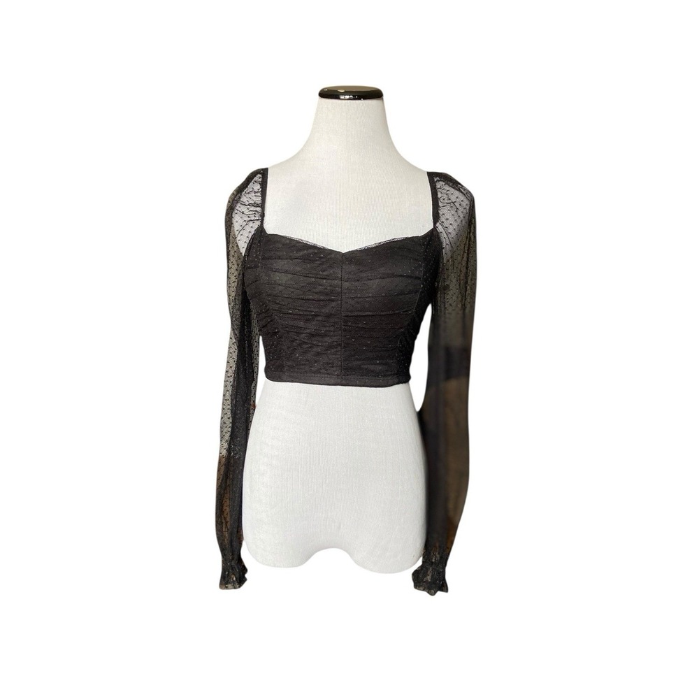 Ruched Corset Crop Top Size S Black Mesh Puff‎ Sleeve Coquette Balletcore Goth